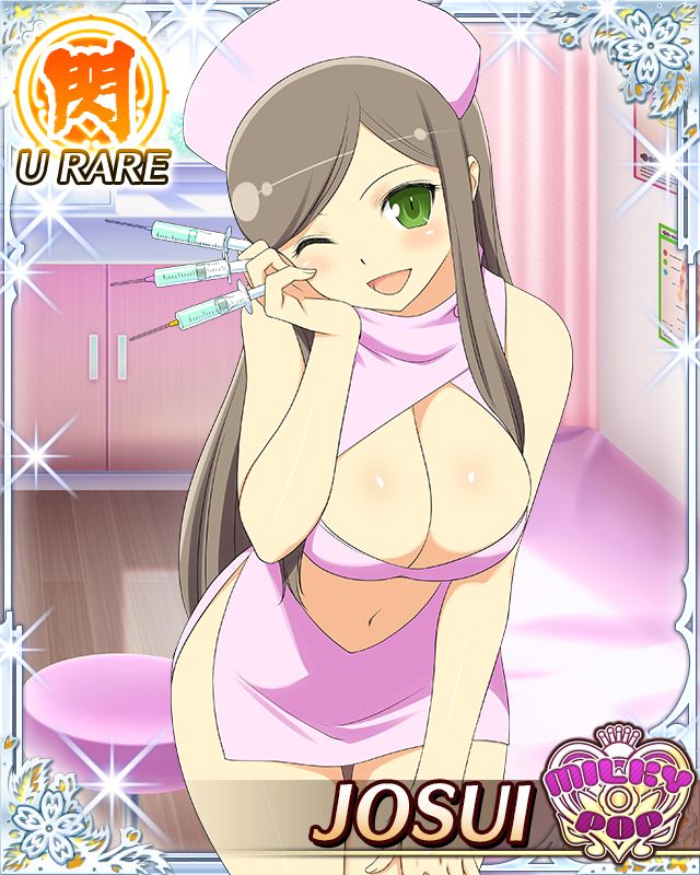 josui (senran kagura), senran kagura, senran kagura new wave, game cg, official art, 1girl, :d, border, breasts, brown hair, card (medium), character name, cleavage, cleavage cutout, clothing cutout, day, english text, green eyes, hand on own thigh, hat, holding, holding syringe, infirmary, large breasts, leaning forward, long hair, navel, navel cutout, nurse, nurse cap, official alternate costume, one eye closed, open mouth, smile, solo, swept bangs, syringe