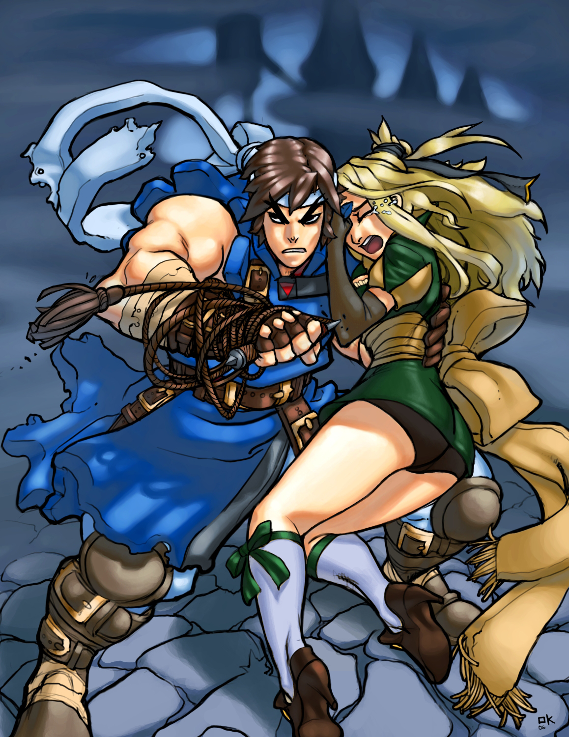 maria renard, richter belmont, castlevania: symphony of the night, castlevania (series), konami, highres, 1boy, 1girl, ass, bandana, bike shorts, blonde hair, elbow gloves, fingerless gloves, gloves, long hair, ribbon, sash, tears, whip