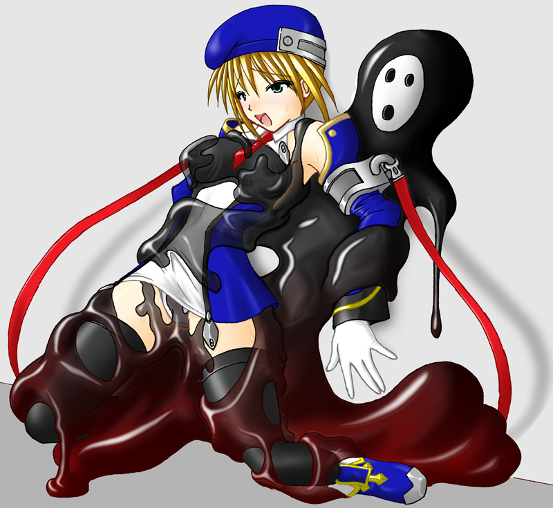 arakune, noel vermillion, arc system works, blazblue, blazblue: calamity trigger, 1girl, beret, blonde hair, breasts, detached sleeves, female focus, gloves, grabbing another's breast, green eyes, groping, hat, necktie, panties, slime (substance), solo, thighhighs, underwear
