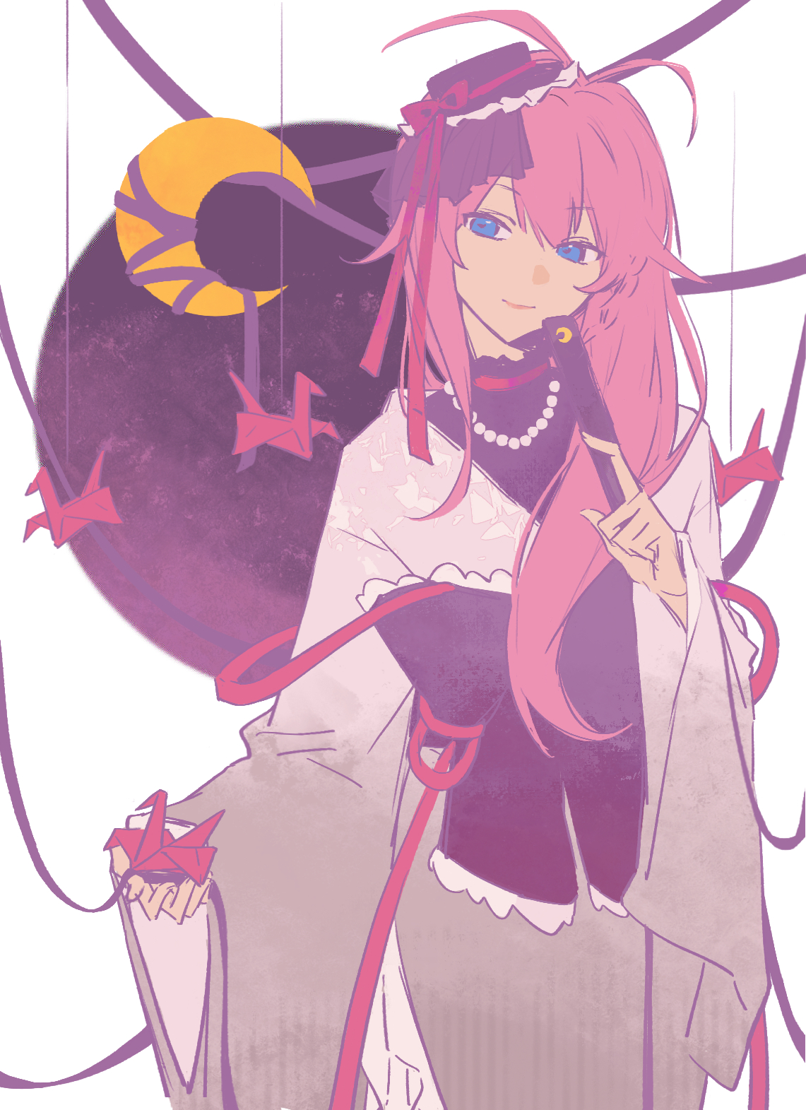 qixinnn, utau, chinese commentary, commentary, highres, 1girl, antenna hair, arm at side, bead necklace, beads, black bow, black hat, black shirt, blue eyes, border, bow, closed mouth, cowboy shot, crescent, double-parted bangs, frilled bow, frilled hat, frilled headwear, frilled shirt, frills, grey kimono, hair between eyes, hair flaps, hair over shoulder, hand up, hat, head tilt, holding, japanese clothes, jewelry, kimono, long hair, long sleeves, looking at viewer, necklace, origami, outside border, paper crane, pink hair, purple background, round border, shirt, sidelocks, simple background, smile, solo, standing, straight-on, very long hair, white border, wide sleeves, yamine renri