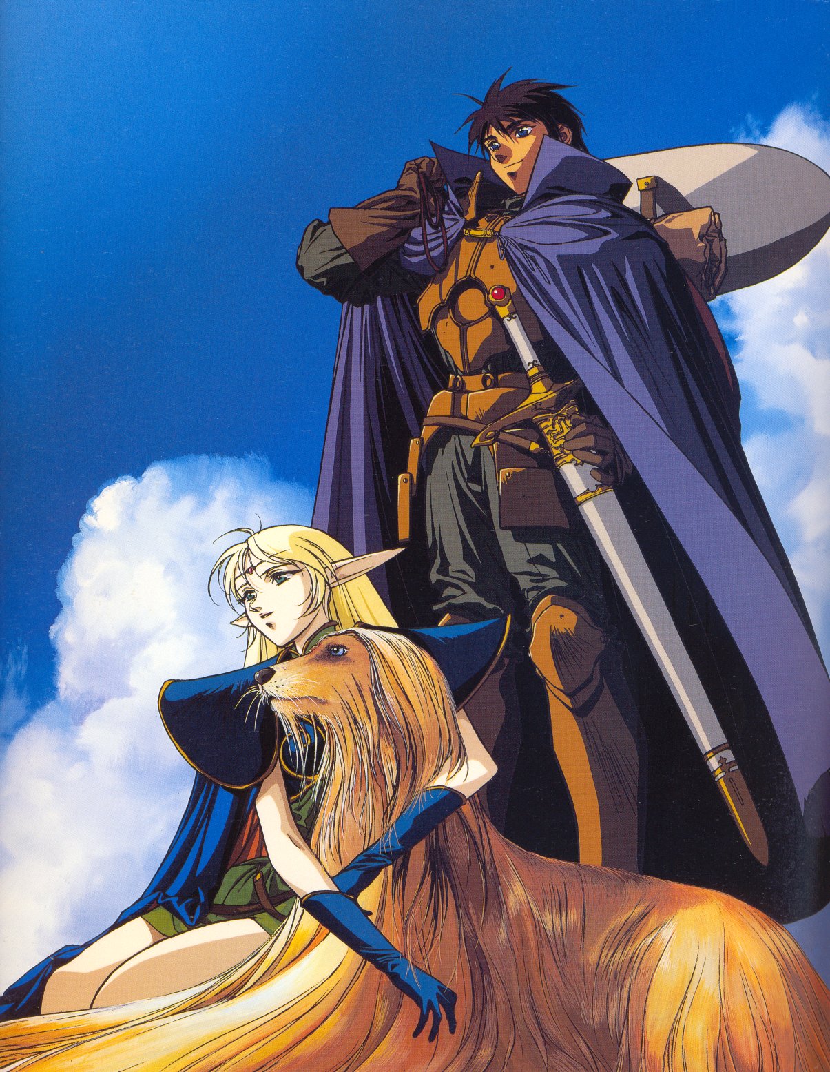 deedlit, parn (lodoss), record of lodoss war, highres, 1990s (style), 1boy, 1girl, armor, blonde hair, cloud, day, dog, elf, gloves, green eyes, long hair, pointy ears, retro artstyle, sky, sword, weapon