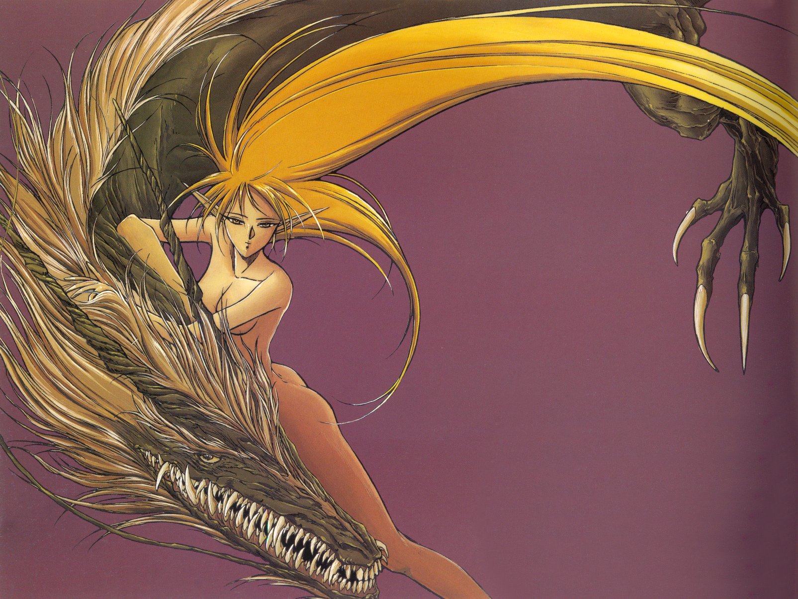 yuuki nobuteru, deedlit, mycen, record of lodoss war, highres, official art, scan, 1990s (style), 1girl, ass, blonde hair, breasts, censored, claws, convenient censoring, dragon, eastern dragon, elf, floating hair, from side, half-closed eyes, light smile, long hair, long pointy ears, looking at viewer, lying, nude, on stomach, parted lips, pointy ears, purple background, retro artstyle, sharp teeth, simple background, smile, teeth, very long hair, yellow eyes