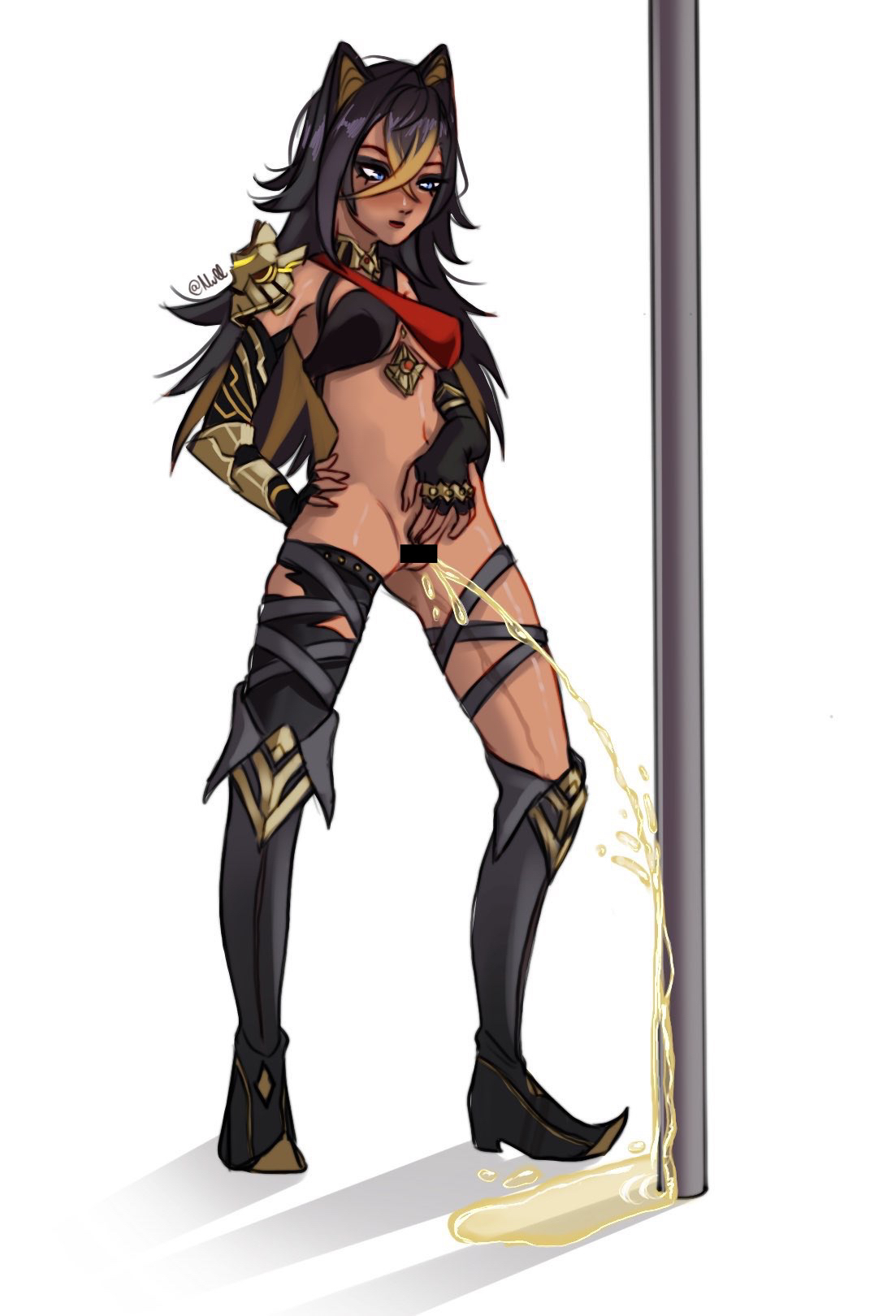 nullnsfw, dehya (genshin impact), genshin impact, 1girl, black hair, blue eyes, bottomless, censored, dark skin, peeing, pussy, solo, standing, white background