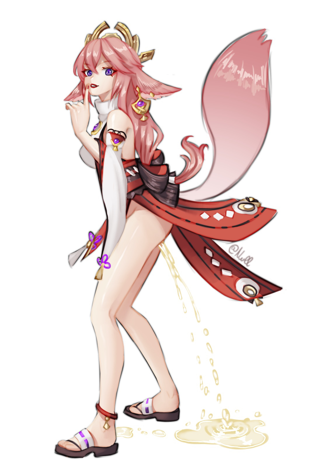 nullnsfw, yae miko, genshin impact, 1girl, animal ears, finger to mouth, fox ears, fox girl, fox tail, japanese clothes, looking at viewer, no panties, peeing, puddle, shushing, solo, standing, tail, white background