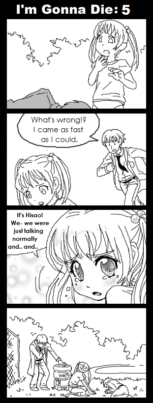 pimmy, ibarazaki emi, nakai hisao, nurse (katawa shoujo), katawa shoujo, non-web source, 10s, 1girl, 2boys, 4koma, amputee, buruma, comic, english text, full body, greyscale, gym uniform, heart attack, legless amputee, monochrome, multiple boys, nature, nurse, outdoors, so moe i'm gonna die!