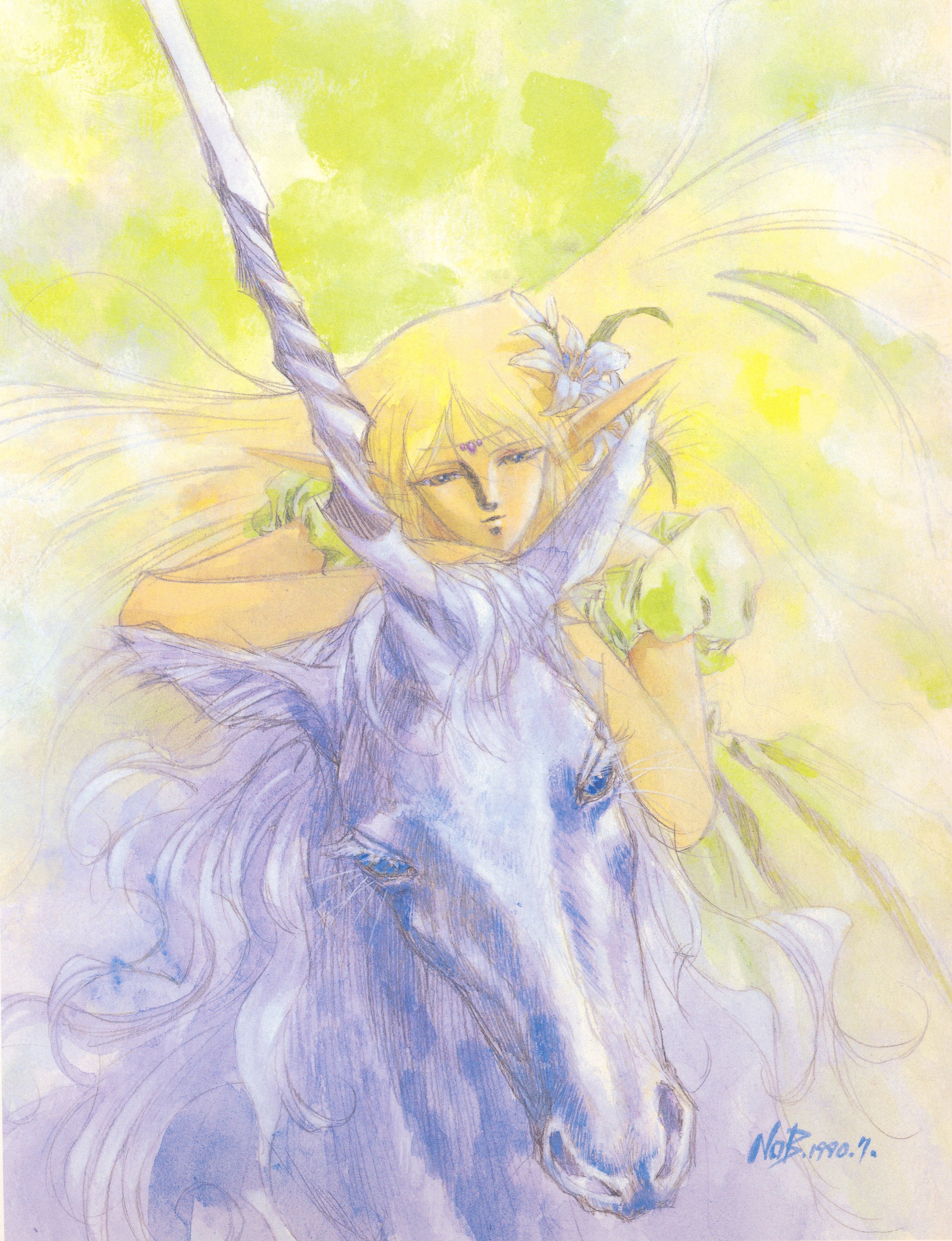 yuuki nobuteru, deedlit, record of lodoss war, absurdres, highres, official art, scan, 1990s (style), 1girl, blonde hair, circlet, dated, elf, fantasy, female focus, flower, long hair, pointy ears, retro artstyle, solo, unicorn