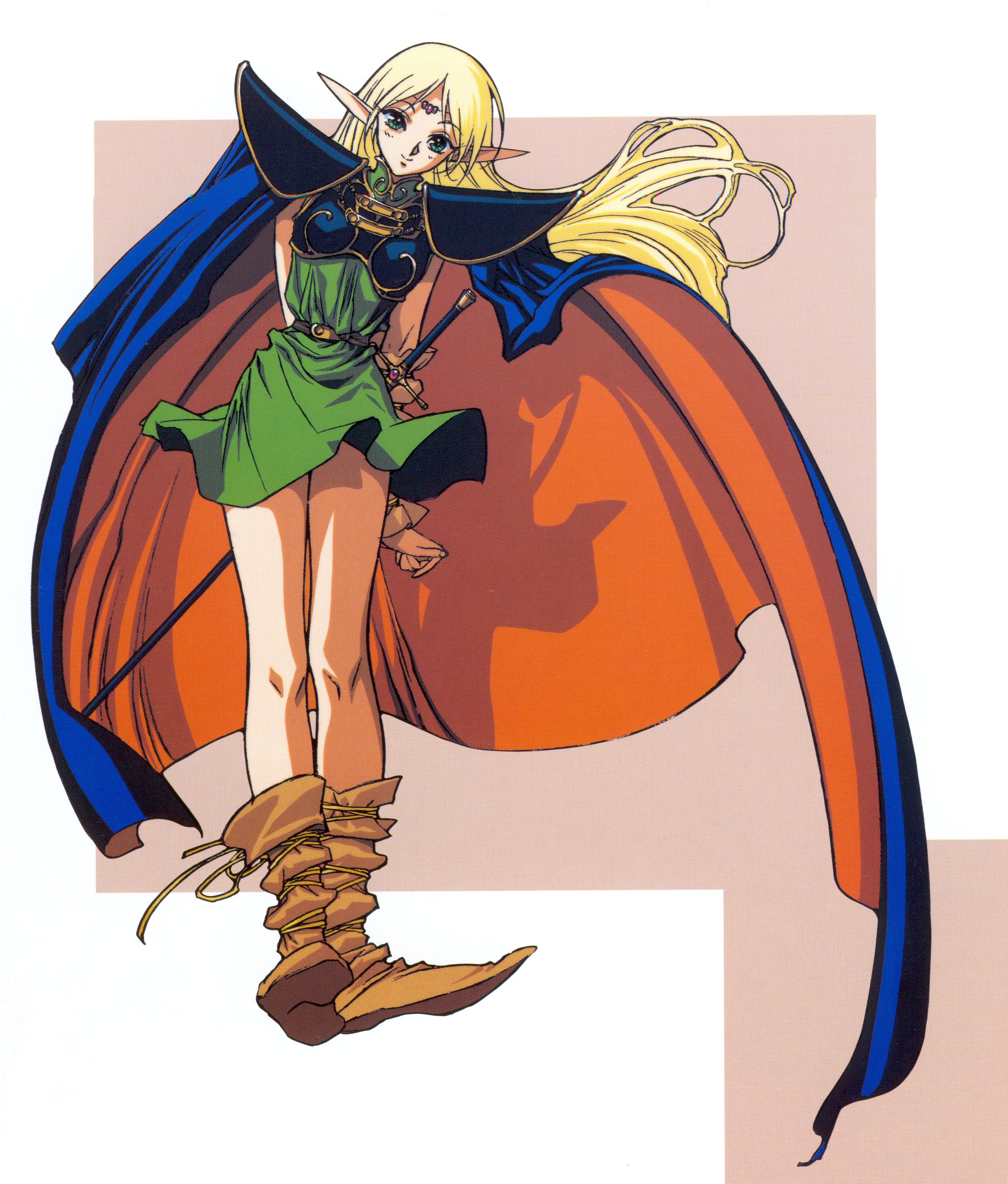 yuuki nobuteru, deedlit, record of lodoss war, absurdres, highres, official art, scan, scan artifacts, 1990s (style), 1girl, armor, belt, blonde hair, cape, circlet, closed mouth, dress, elf, female focus, full body, green dress, green eyes, long hair, pointy ears, retro artstyle, short dress, solo, sword, weapon