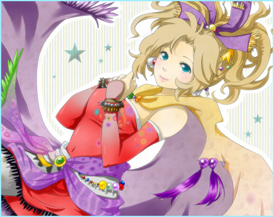 kabikabikabi, kabikuro, tina branford, dissidia final fantasy, final fantasy, final fantasy vi, 1990s (style), 1girl, blonde hair, blue eyes, bracelet, cape, detached sleeves, dress, earrings, female focus, hair ornament, hair ribbon, jewelry, pantyhose, ribbon, solo