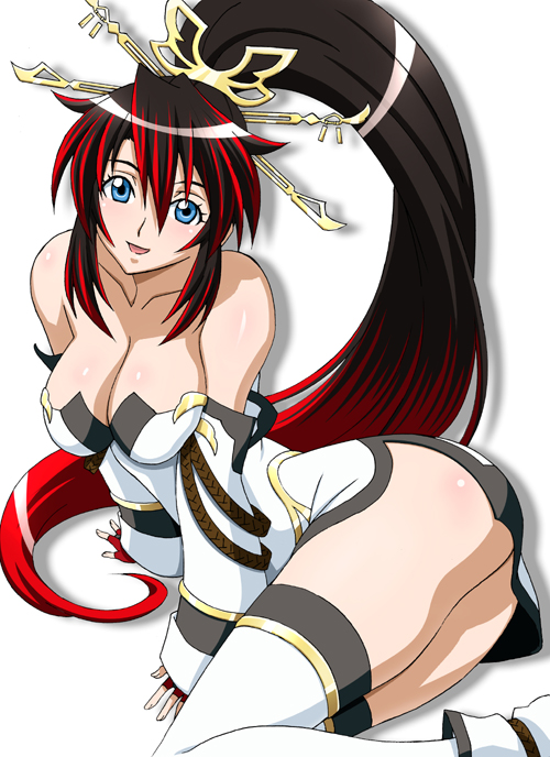 j.h., nanbu kaguya, banpresto, super robot wars, super robot wars og saga mugen no frontier, 1girl, bare shoulders, black hair, blue eyes, breasts, cleavage, detached sleeves, dress, female focus, hair ornament, large breasts, legs, long hair, multicolored hair, ponytail, red hair, solo, strapless, strapless dress, thighhighs, thighs, two-tone hair, white thighhighs