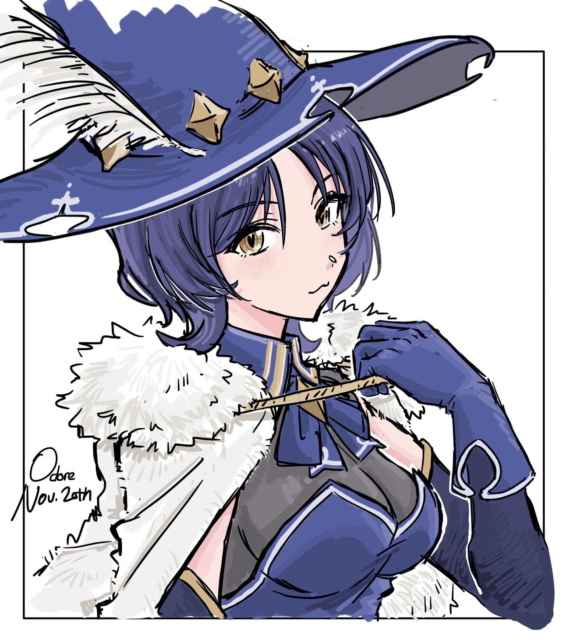 odore (suzukisakana001), nana (girls band cry), girls band cry, girls band cry rpg, commentary request, highres, 1girl, :3, blue gloves, blue hair, blue hat, border, breasts, cleavage, dated, elbow gloves, gloves, hat, large breasts, looking at viewer, outside border, short hair, solo, white border, witch hat, wolf cut, yellow eyes