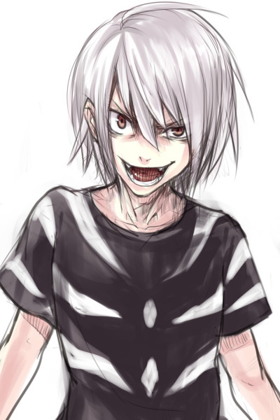miya9, accelerator (toaru majutsu no index), toaru majutsu no index, 00s, 1boy, albino, crazy eyes, fang, grin, male focus, red eyes, short hair, simple background, smile, solo, upper body, white background, white hair