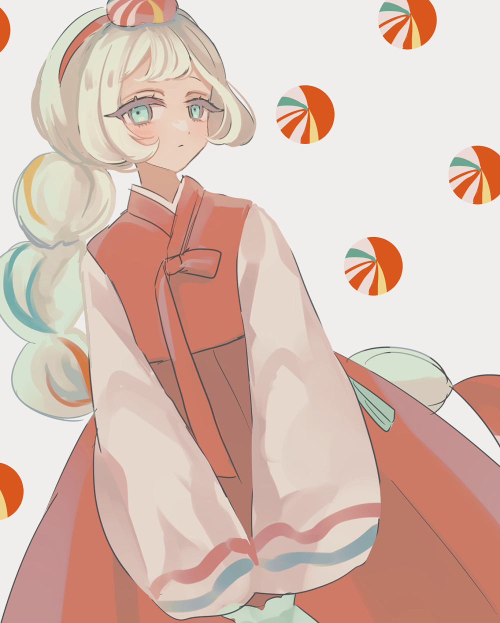 hamchan69, cookie run, cookie run: ovenbreak, bad id, bad pixiv id, clothing request, highres, 1girl, aqua eyes, aqua hair, blonde hair, blush, braid, braided ponytail, center-flap bangs, closed mouth, cowboy shot, dutch angle, grey background, hairband, humanization, japanese clothes, kimono, light frown, long hair, looking at viewer, multicolored hair, okchun cookie, orange hair, red hairband, red kimono, simple background, single braid, sleeves past fingers, sleeves past wrists, solo, standing, streaked hair, v arms, very long hair, white hair, white sleeves, wide sleeves