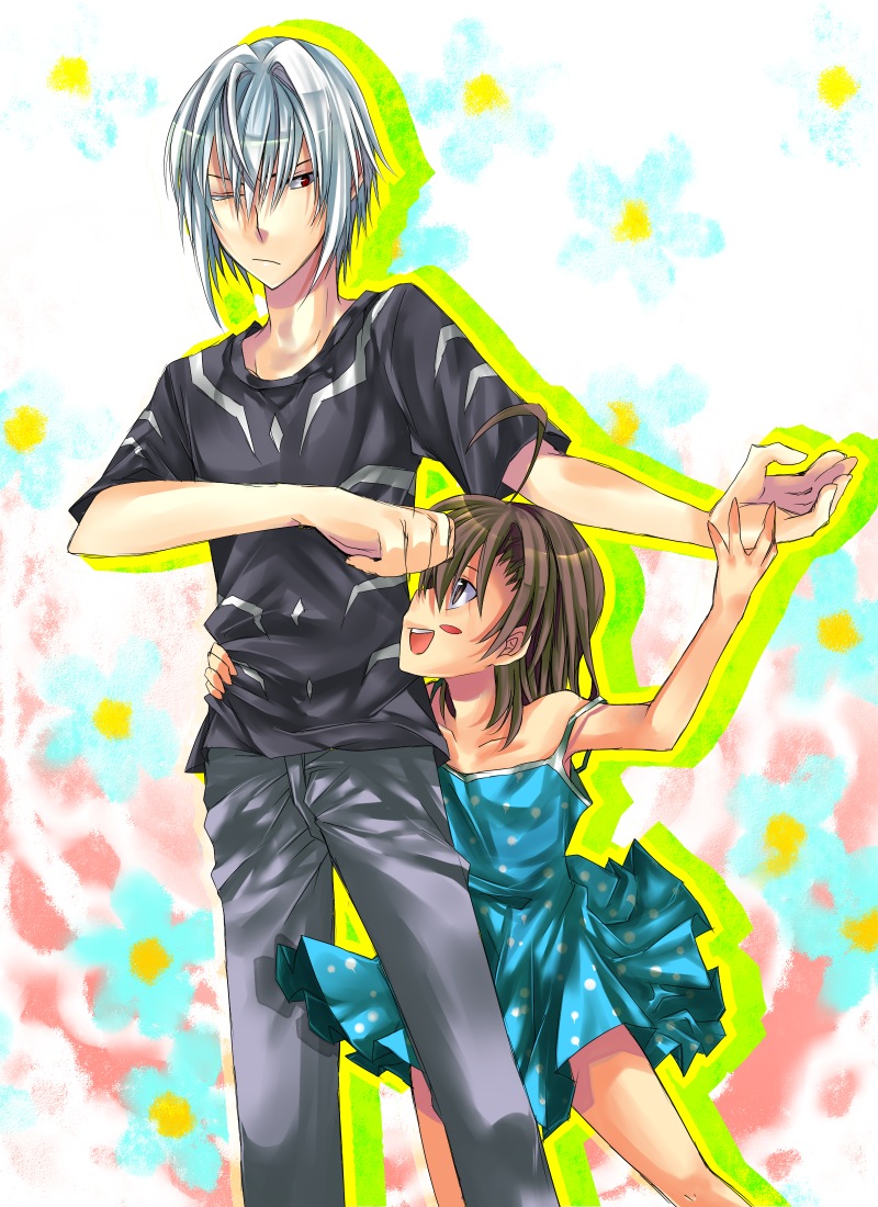 naridon, accelerator (toaru majutsu no index), last order (toaru majutsu no index), toaru majutsu no index, toaru majutsu no index: old testament, bad id, bad pixiv id, 00s, ahoge, brown eyes, brown hair, dress, polka dot, red eyes, short hair, smile, white hair