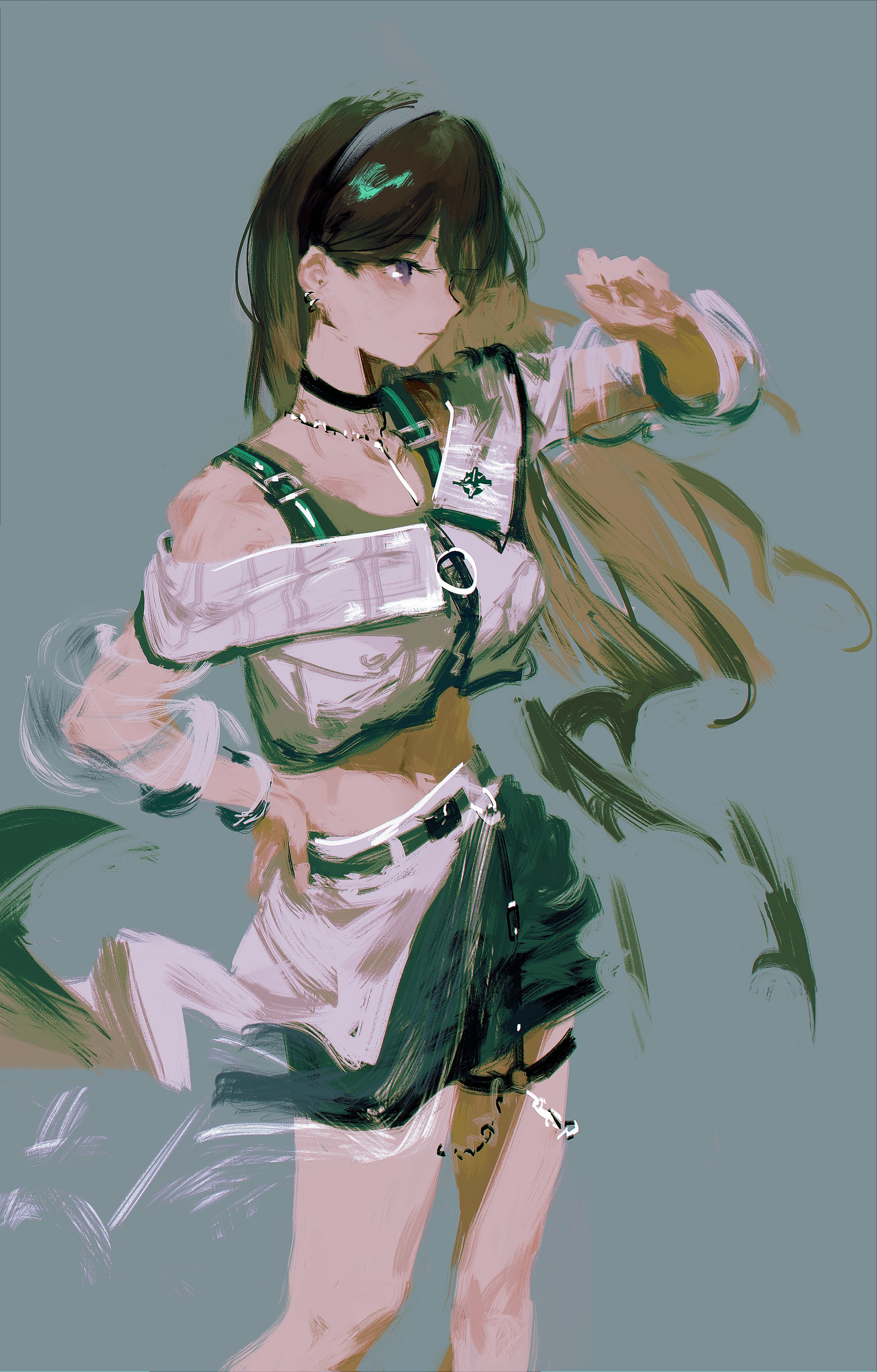 lemtun, shiina taki, bang dream!, bang dream! it's mygo!!!!!, absurdres, highres, 1girl, arm up, black hair, blending, blue background, crop top, ear piercing, hand on own hip, jacket, long hair, navel, piercing, simple background, solo, thigh strap, white jacket