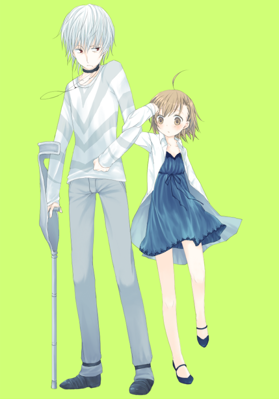 hinako12, accelerator (toaru majutsu no index), last order (toaru majutsu no index), toaru majutsu no index, toaru majutsu no index: old testament, 00s, 1boy, 1girl, ahoge, brown eyes, brown hair, cane, crutch, dress, red eyes, shirt, short hair, simple background, striped clothes, striped shirt, white hair