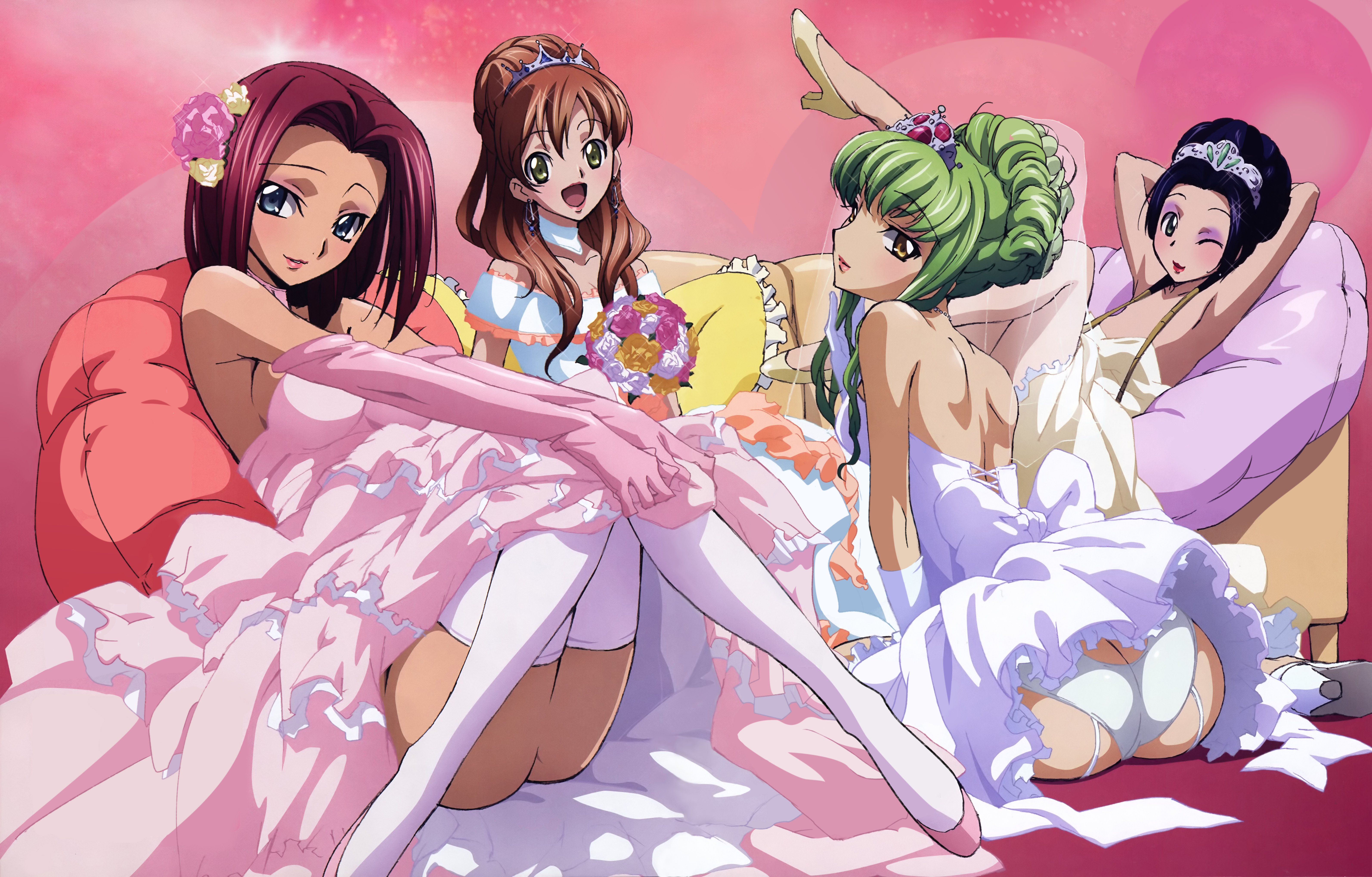 tabata hisayuki, c.c., kouzuki kallen, shirley fenette, sumeragi kaguya, code geass, megami magazine, absurdres, detexted, highres, non-web source, official art, third-party edit, 00s, 4girls, armpits, arms up, ass, bare shoulders, black hair, blue eyes, bouquet, bridal veil, bride, brown hair, butt crack, couch, dress, earrings, elbow gloves, eyeliner, eyeshadow, flower, frilled pillow, frills, gloves, green eyes, green hair, hair flower, hair ornament, high heels, jewelry, lipstick, long hair, long legs, looking at viewer, makeup, multiple girls, no panties, no pussy, one eye closed, open mouth, panties, pillow, red hair, shoes, short hair, sitting, smile, thighhighs, tiara, underwear, veil, wedding dress, white panties, white thighhighs, wink, yellow eyes