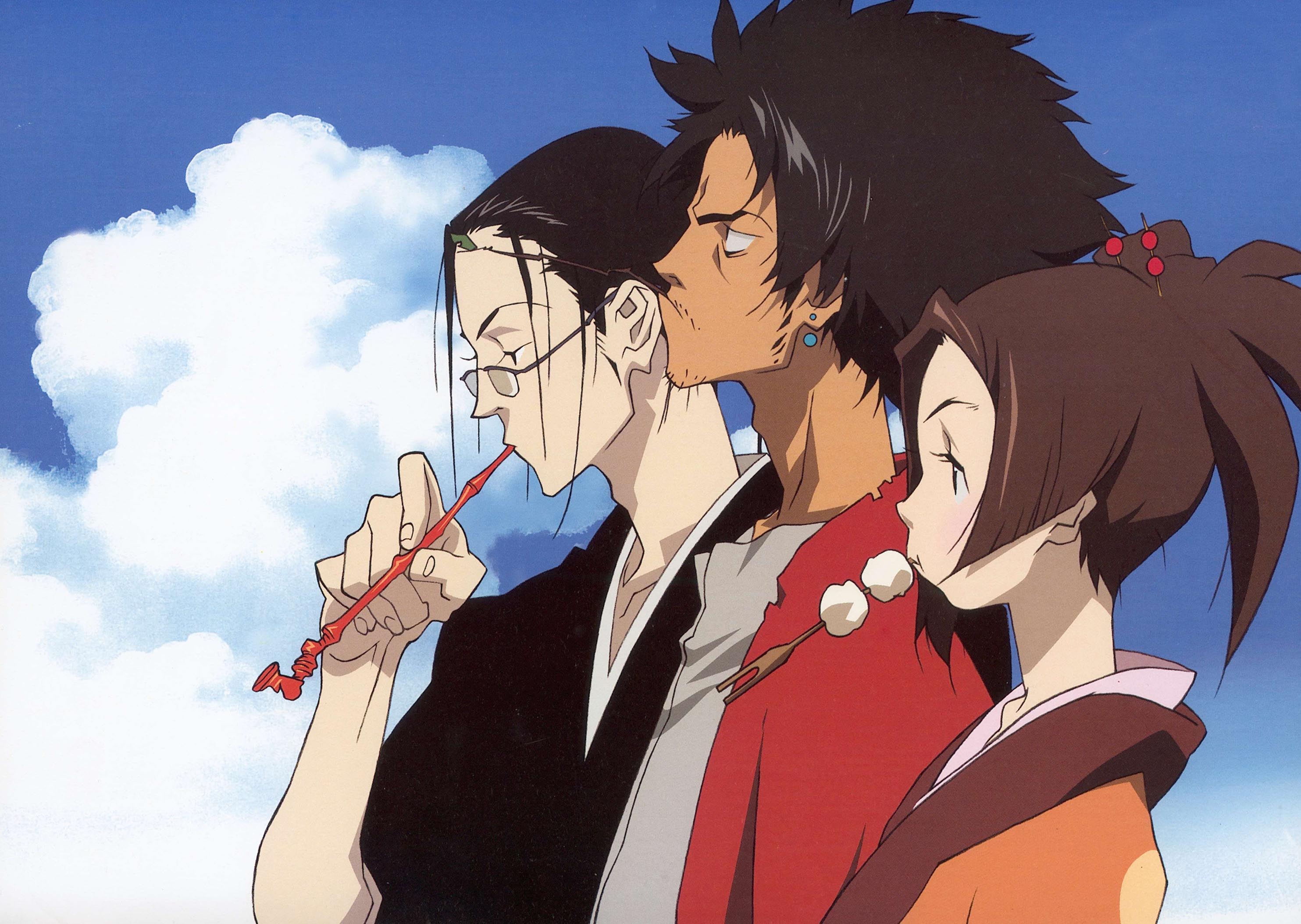 fuu (samurai champloo), jinnosuke, mugen (samurai champloo), samurai champloo, artist request, highres, scan, 00s, 1girl, 2boys, cloud, day, glasses, japanese clothes, kimono, kiseru, multiple boys, sky, smoking pipe