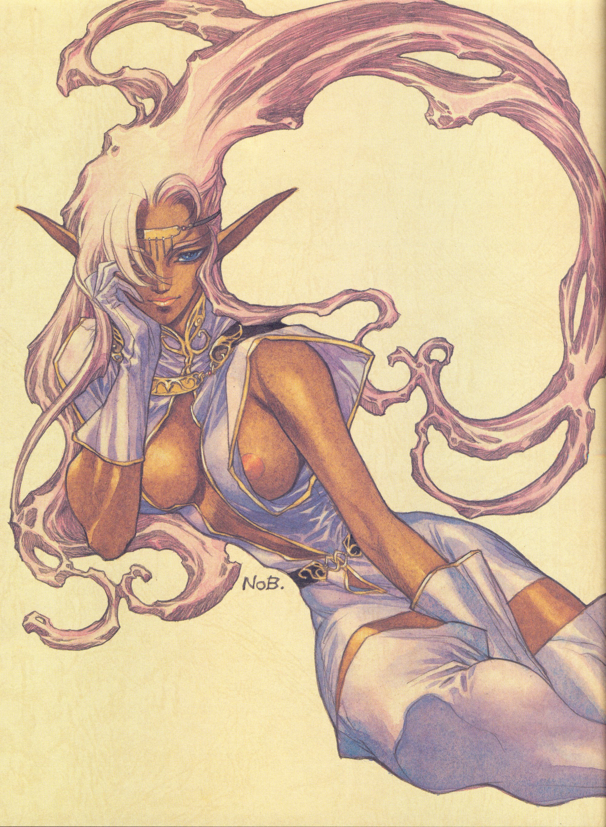 yuuki nobuteru, pirotess, record of lodoss war, absurdres, highres, official art, scan, 1girl, areola slip, between legs, blue eyes, breasts, circlet, cleavage, dark-skinned female, dark elf, dark skin, elf, female focus, gloves, hair over one eye, hand between legs, head rest, jewelry, large breasts, lips, long hair, lying, nipple slip, nipples, on side, pink hair, pointy ears, solo, thighhighs, very long hair, white hair