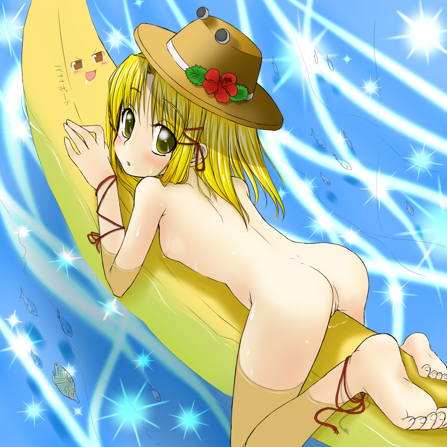 ajimas, hiraga matsuri, hirasato, moriya suwako, touhou, highres, 1girl, ass, back, banana, barefoot, bent over, blonde hair, feet, female focus, food, fruit, hat, loli, looking back, nipples, nude, nudist, pussy, soles, solo, toes, uncensored, water, yukkuri shiteitte ne