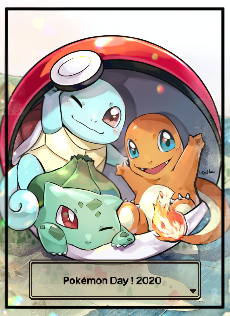 pechka, bulbasaur, charmander, squirtle, nintendo, pokemon, arms up, blue eyes, blush, bright pupils, claws, closed mouth, fire, flame-tipped tail, full body, gen 1 pokemon, inset border, looking at viewer, no humans, one eye closed, open mouth, poke ball, poke ball (basic), pokemon (creature), pokemon day, red eyes, starter pokemon trio, tail, twitter username, white pupils
