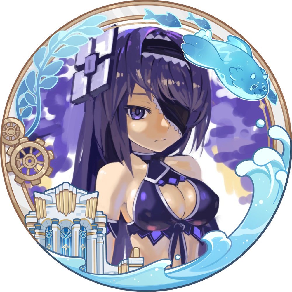 blubberbeast (genshin impact), luto mikazuchi, cosmic break, genshin impact, commentary request, 1girl, :|, alternate costume, aqua undine, bikini, breasts, building, cleavage cutout, closed mouth, clothing cutout, eyepatch, fish, gears, headband, medium breasts, one eye covered, purple bikini, purple eyes, purple hair, swimsuit, water