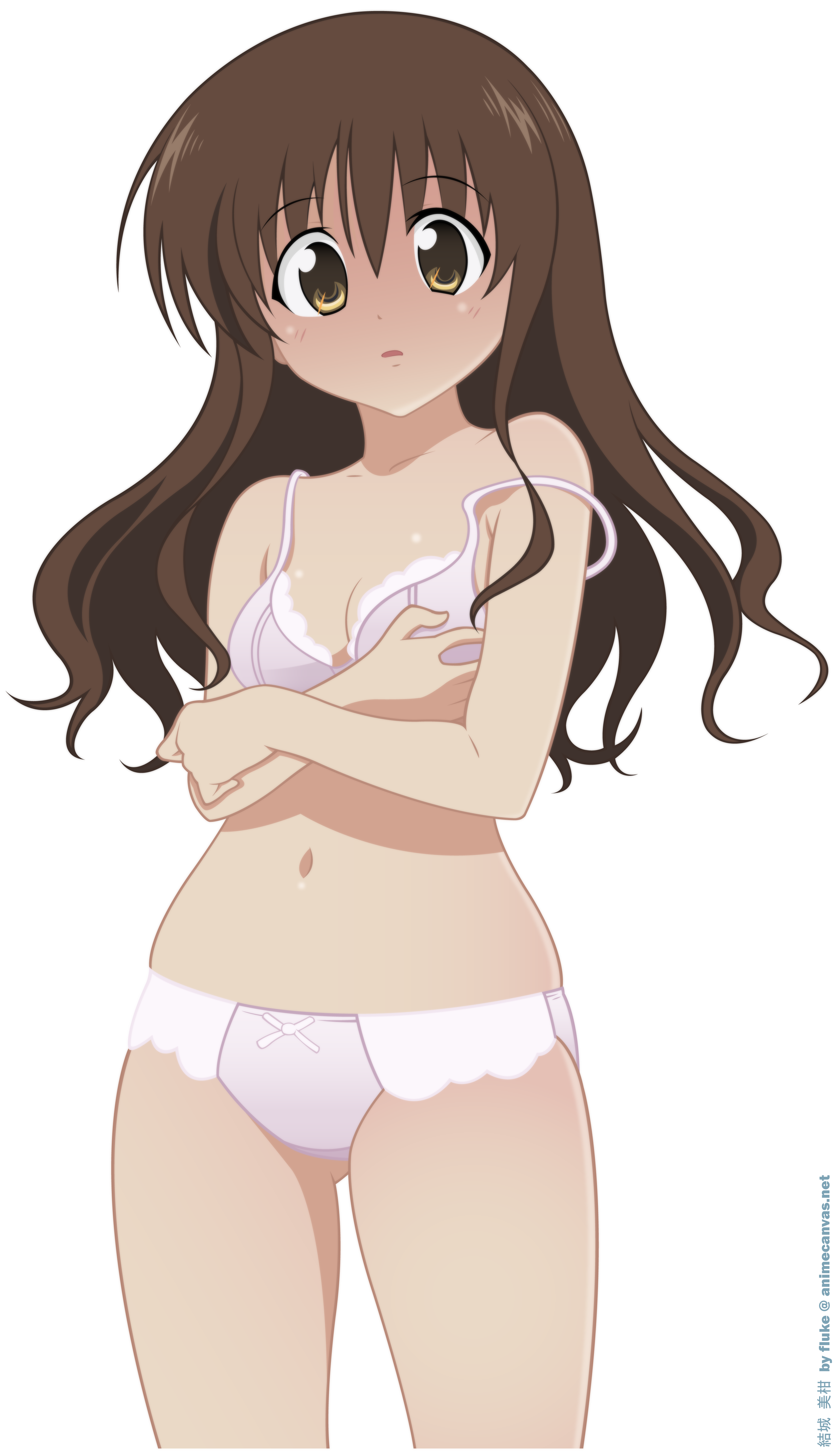 takami akio, yuuki mikan, to love-ru, absurdres, derivative work, highres, vector trace, 00s, 1girl, bra, brown eyes, brown hair, female focus, lingerie, panties, solo, transparent background, underwear, underwear only