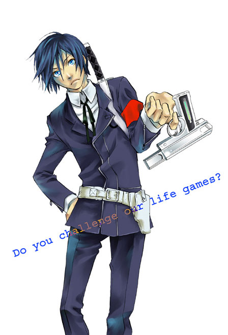 yuugen (c.m.p), yuuki makoto (persona 3), atlus, persona, persona 3, armband, blazer, blue eyes, blue hair, evoker, gun, gun holster, handgun, holster, jacket, katana, male focus, pistol, school uniform, short hair, solo, sword, weapon