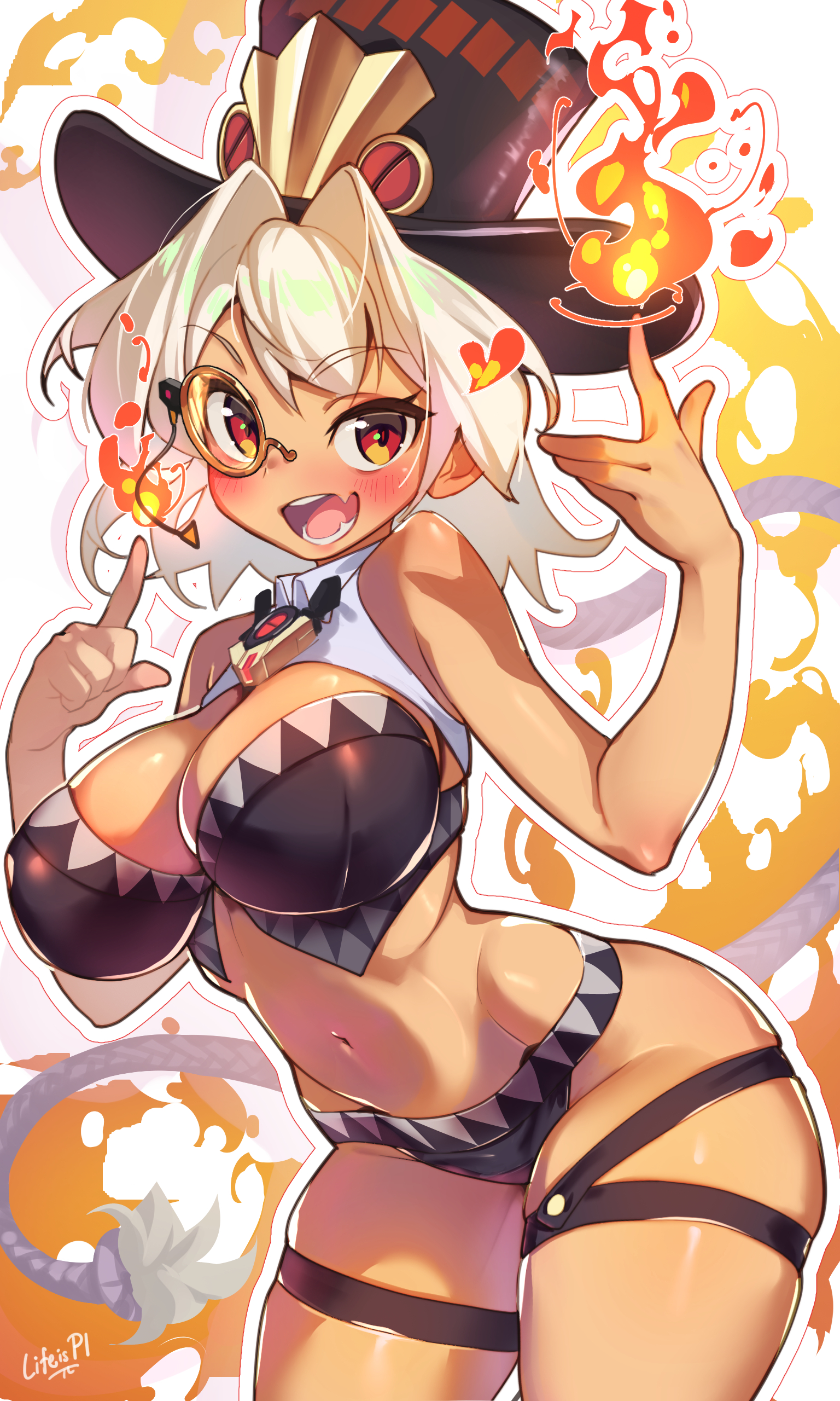 life is pi, flareleon, cosmic break, absurdres, commentary, commission, english commentary, highres, 1girl, black bustier, blush, breasts, bustier, dark-skinned female, dark skin, fang, fire, hair between eyes, hat, large breasts, looking at viewer, midriff, monocle, open mouth, pyrokinesis, red eyes, skin fang, smile, teeth, top hat, white hair