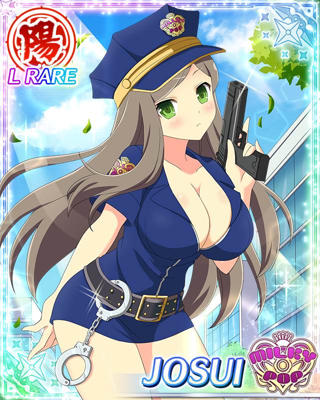 josui (senran kagura), senran kagura, senran kagura new wave, game cg, official art, 1girl, belt, blue coat, border, breasts, brown hair, building, card (medium), character name, cleavage, closed mouth, coat, cuffs, day, english text, frown, green eyes, gun, handcuffs, handgun, hat, holding, holding gun, holding weapon, large breasts, leaf, long hair, official alternate costume, police, police hat, police uniform, policewoman, skindentation, solo, swept bangs, trigger discipline, weapon