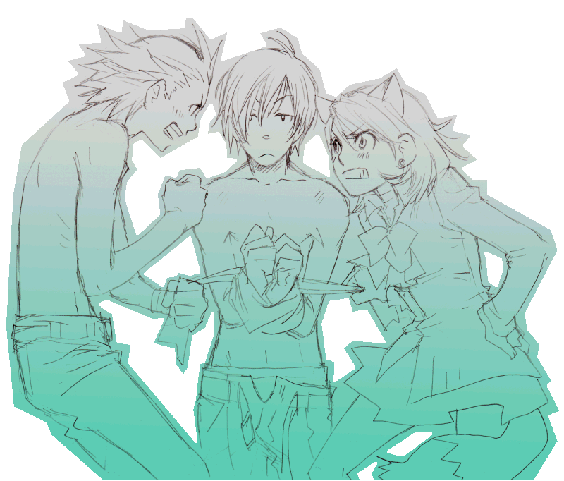 yuugen (c.m.p), mochizuki ryouji, takeba yukari, yuuki makoto (persona 3), atlus, persona, persona 3, 1girl, 2boys, animal ears, bound, fox ears, fox tail, green theme, monochrome, multiple boys, short hair, tail, tied up (nonsexual), topless male