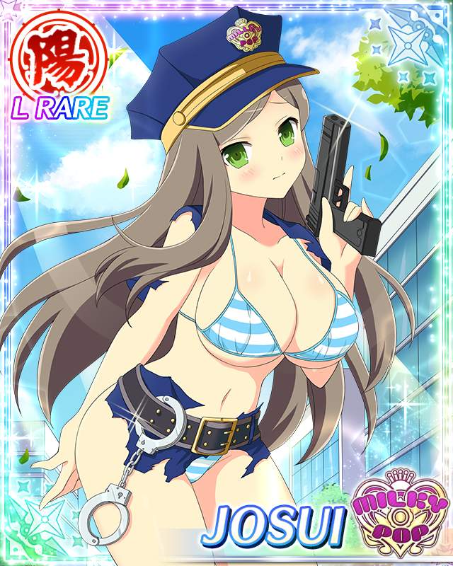 josui (senran kagura), senran kagura, senran kagura new wave, game cg, official art, 1girl, belt, blue coat, border, bra, breasts, brown hair, card (medium), character name, cleavage, coat, cuffs, english text, frown, green eyes, gun, handcuffs, handgun, hat, holding, holding gun, holding weapon, large breasts, long hair, navel, official alternate costume, panties, police, police hat, police uniform, policewoman, solo, striped bra, striped clothes, striped panties, swept bangs, torn clothes, trigger discipline, underwear, weapon