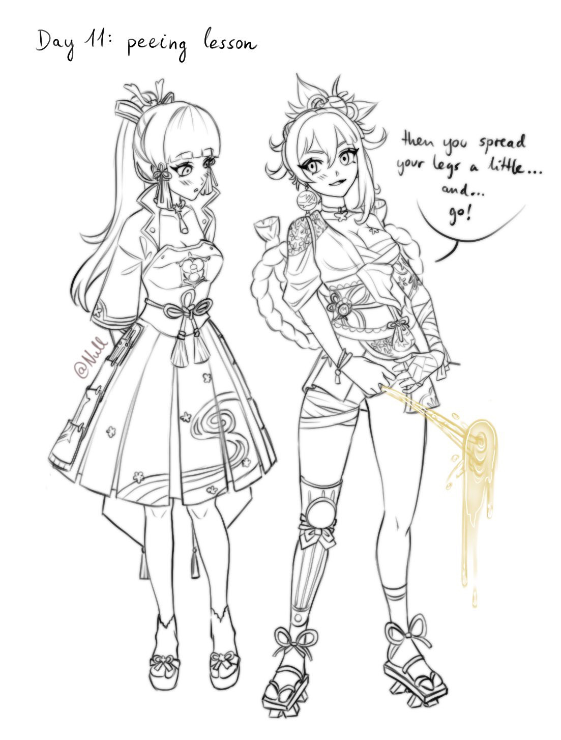 nullnsfw, ayaka (genshin impact), yoimiya (genshin impact), genshin impact, 2girls, blush, japanese clothes, multiple girls, peeing, sketch, smile, standing, white background