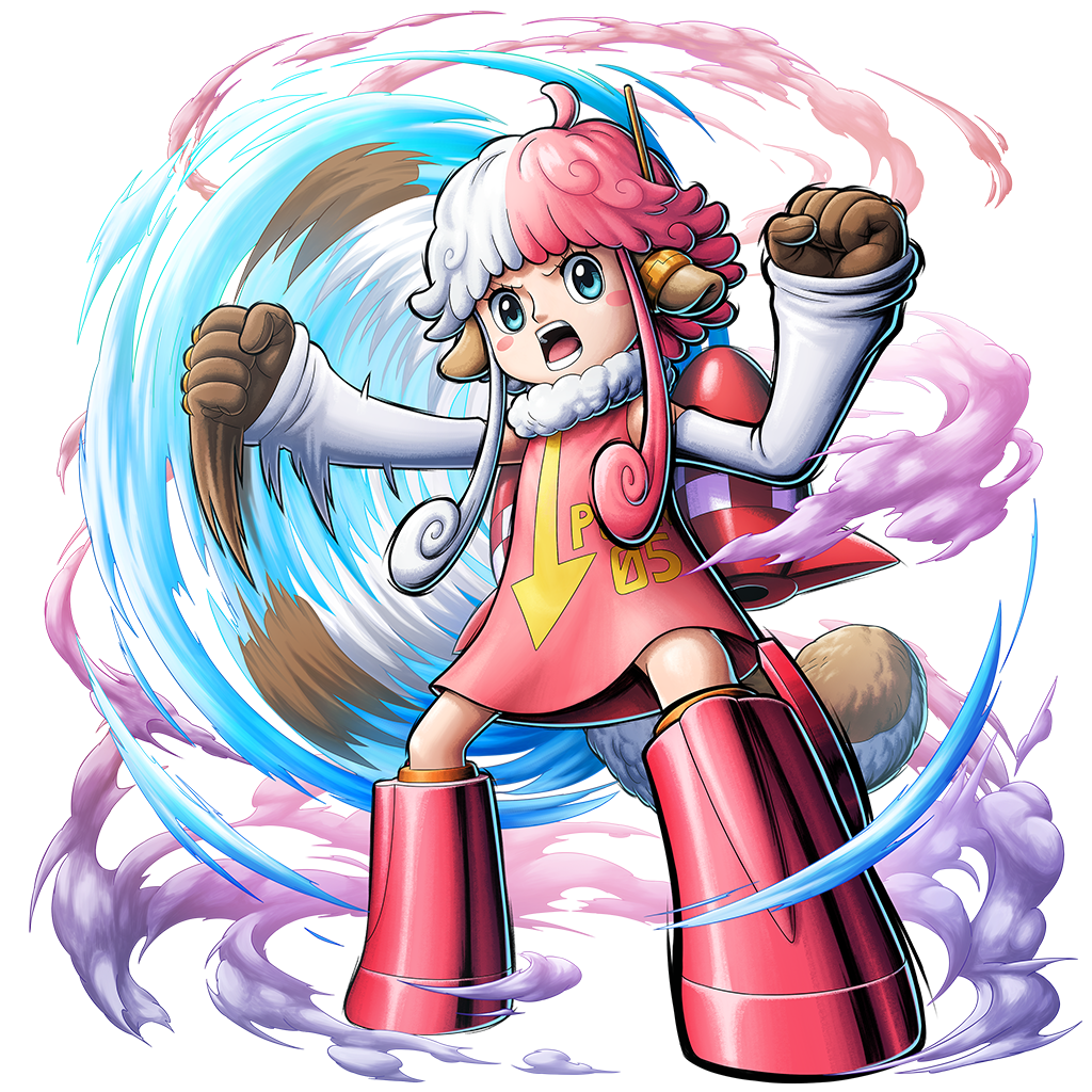 vegapunk atlas, one piece, one piece: bounty rush, highres, official art, 1girl, :o, animal ears, bare shoulders, blush stickers, boots, clenched hands, full body, gloves, medium hair, motion lines, multicolored hair, pink hair, sitting, solo, tail, transparent background, two-tone hair, white hair, wide hips