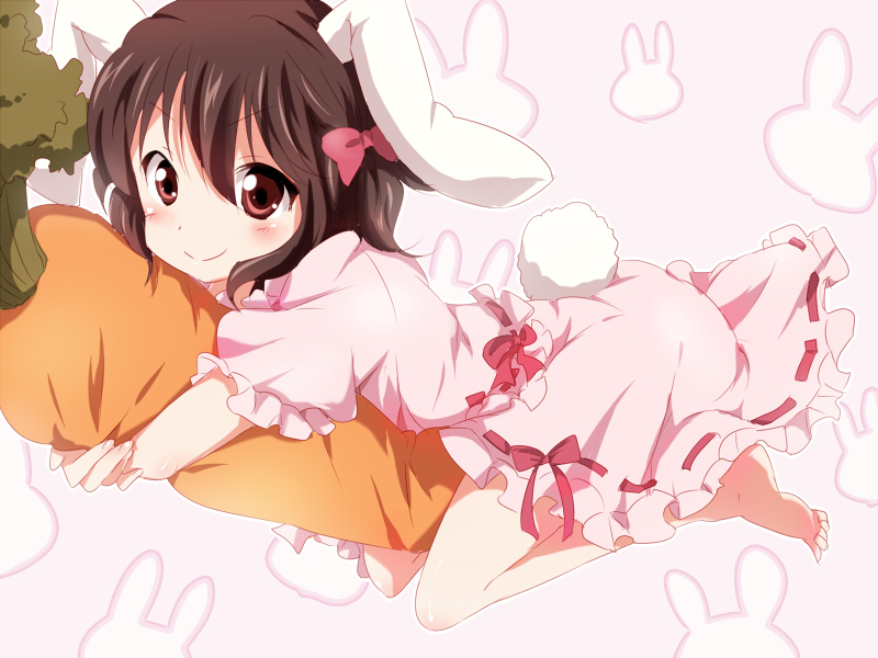 maruki (punchiki), inaba tewi, touhou, bad id, 1girl, animal ears, bow, brown hair, carrot, female focus, hair bow, hugging object, pillow, pillow hug, rabbit ears, red eyes, short hair, solo