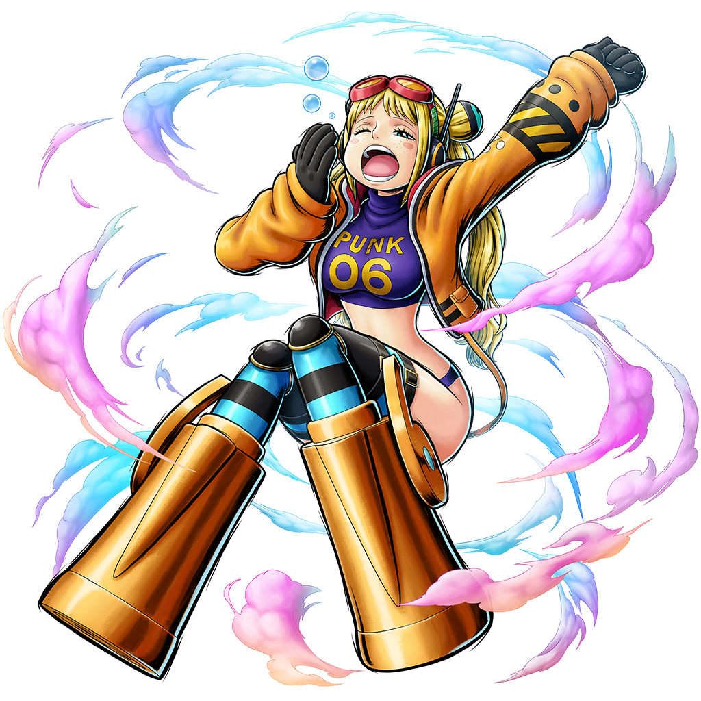 vegapunk york, one piece, one piece: bounty rush, highres, official art, 1girl, :o, ass, blonde hair, blush stickers, boots, breasts, curvy, freckles, full body, gloves, goggles, goggles on head, green eyes, jacket, large breasts, long hair, open clothes, open jacket, orange jacket, revealing clothes, sitting, smile, solo, stretching, transparent background, weapon, wide hips, yawning