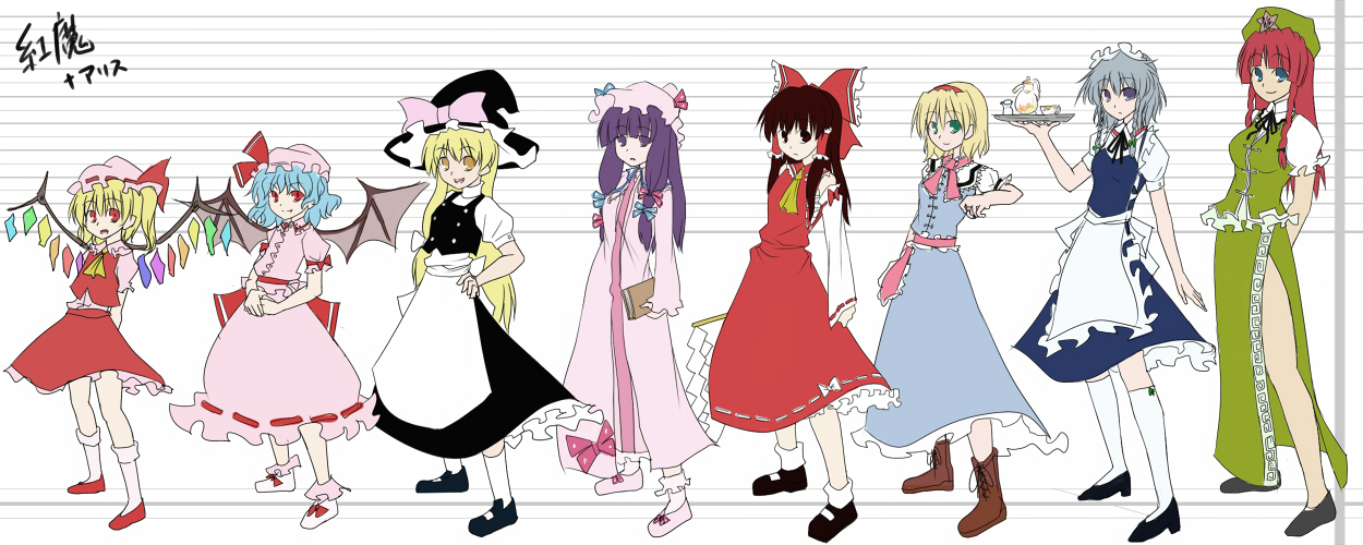 geppewi, alice margatroid, flandre scarlet, hakurei reimu, hong meiling, izayoi sakuya, kirisame marisa, patchouli knowledge, remilia scarlet, embodiment of scarlet devil, touhou, bad id, bad pixiv id, 6+girls, blonde hair, female focus, height chart, lineup, multiple girls