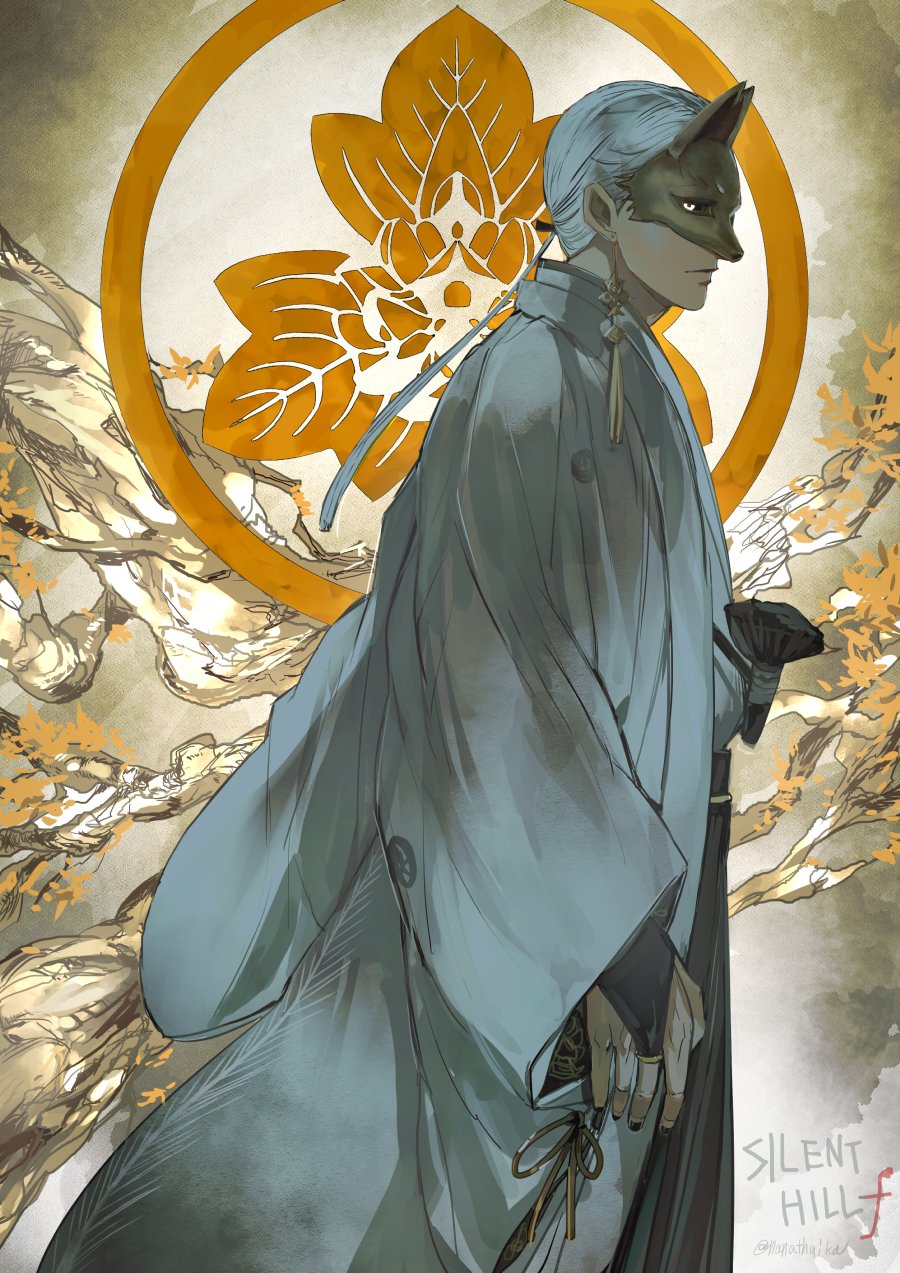 nanathuika, fox mask (silent hill), silent hill (series), silent hill f, commentary request, highres, 1boy, arm at side, black bridal gauntlets, black nails, bridal gauntlets, closed mouth, copyright name, earrings, english text, eye mask, fox mask, from side, grey hakama, hakama, haori, japanese clothes, jewelry, kimono, long hair, long sleeves, looking at viewer, low ponytail, male focus, mask, montsuki, nail polish, ponytail, profile, robe, solo, tassel, tassel earrings, twitter username, white hair, white kimono, white robe, wide sleeves, yellow eyes