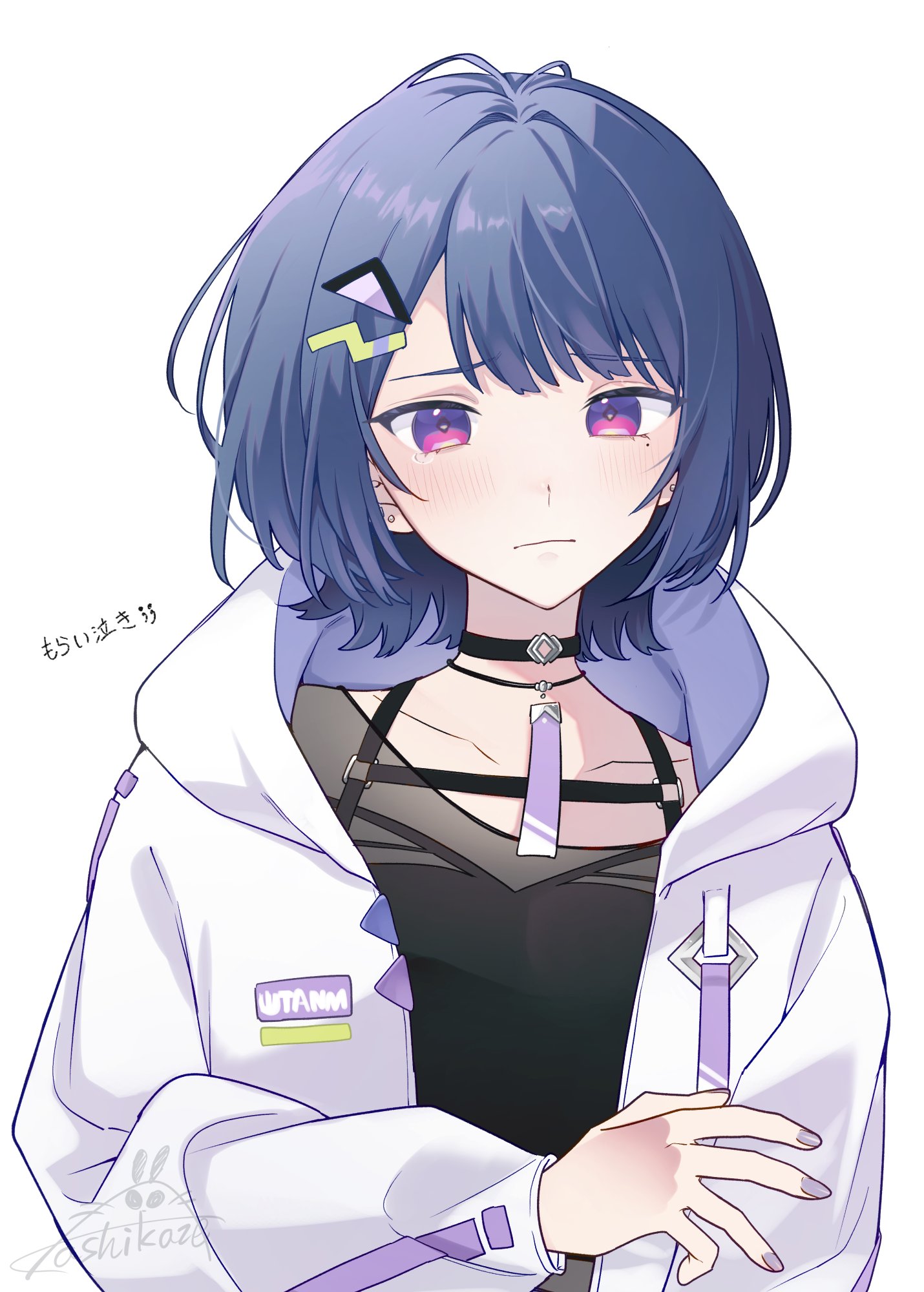 kashikaze, koshimizu toru, nijisanji, commentary, highres, symbol-only commentary, translation request, 1girl, black choker, blue hair, blush, choker, closed mouth, earrings, grey nails, hood, hood down, hooded jacket, jacket, jewelry, long sleeves, looking at viewer, mole, mole under eye, nail polish, open clothes, open jacket, purple eyes, short hair, simple background, solo, stud earrings, tearing up, upper body, virtual youtuber, white background, white jacket