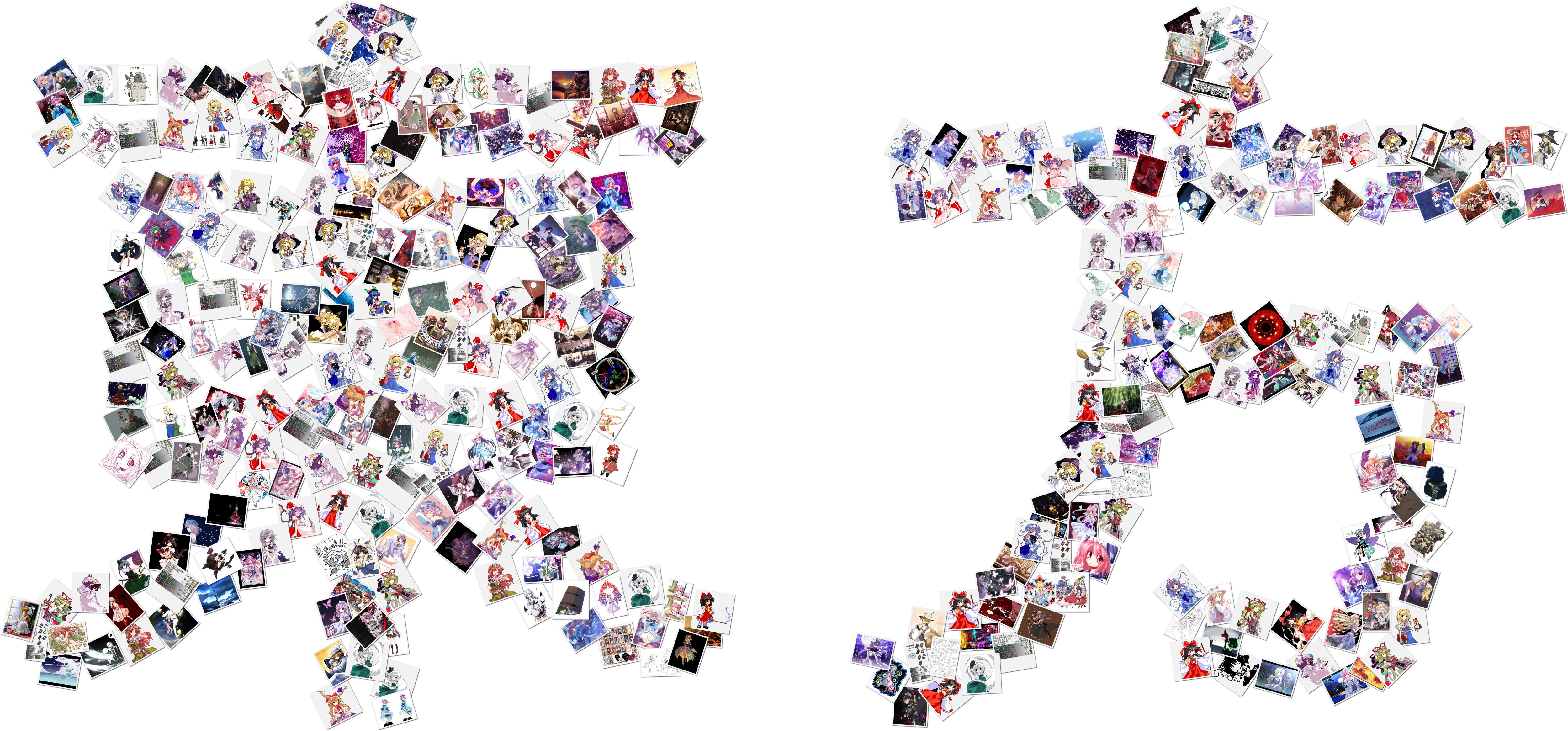 alice margatroid, hakurei reimu, hong meiling, izayoi sakuya, kirisame marisa, konpaku youmu, patchouli knowledge, remilia scarlet, saigyouji yuyuko, yakumo yukari, touhou, absurdres, highres, 6+girls, collage, dress, female focus, hat, maid, multiple girls, nature, partially colored, plant, remilia, shape collage, skirt, sky, white background