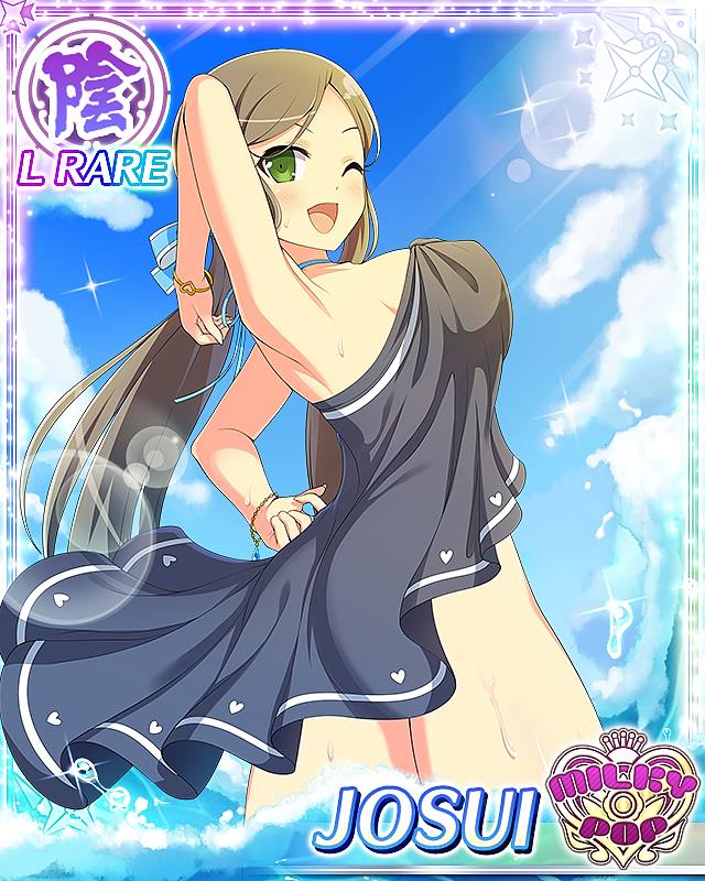josui (senran kagura), senran kagura, senran kagura new wave, game cg, official art, 1girl, :d, border, bracelet, breasts, brown hair, card (medium), character name, cleavage, english text, green eyes, jewelry, large breasts, long hair, looking at viewer, looking back, ocean, official alternate costume, one eye closed, open mouth, partially submerged, smile, solo, swept bangs, swimsuit cover-up, wet