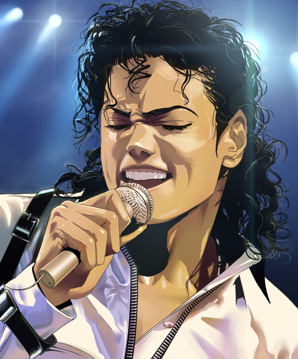 hinoe (dd works), michael jackson, real life, bad id, bad pixiv id, highres, 1boy, black hair, buckle, closed eyes, curly hair, dark-skinned male, dark skin, jacket, long hair, male focus, manly, microphone, music, open mouth, realistic, singing, solo, sweat, zipper