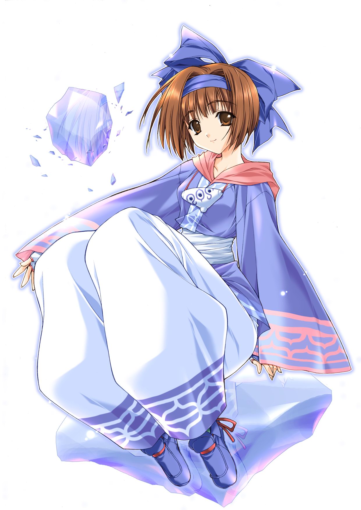 suzuhira hiro, konril, rimururu, samurai spirits, snk, highres, 1girl, bow, brown eyes, brown hair, female focus, hair bow, hair intakes, short hair, sitting, solo, white background