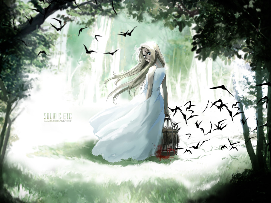 solid&etc, alucard (hellsing), integra hellsing, hellsing, head, 1boy, 1girl, aged down, bare shoulders, bat (animal), birdcage, black hair, blonde hair, blood, cage, dark skin, dress, forest, glasses, grass, long hair, looking back, nature, severed head, tree, vampire, white dress