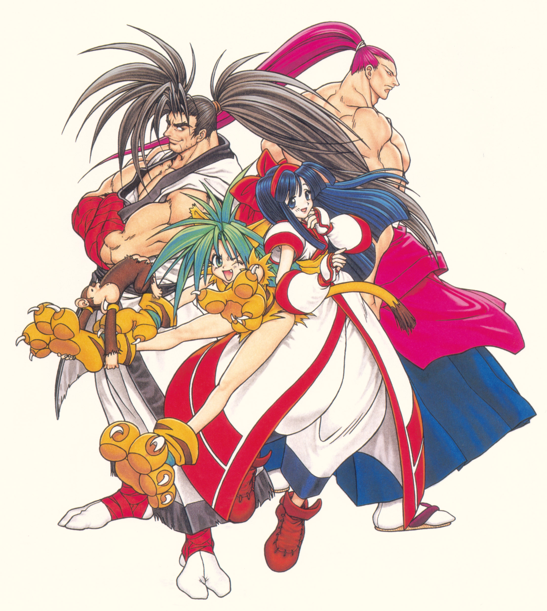 cham cham, haoumaru, kibagami genjuro, nakoruru, samurai spirits, snk, absurdres, highres, official art, scan, 2boys, 2girls, ainu clothes, animal ears, animal hands, black hair, blue hair, bow, cat ears, gloves, green eyes, green hair, hair bow, japanese clothes, long hair, monkey, multiple boys, multiple girls, paw gloves, paw shoes, ponytail, red bow, shoes, tabi