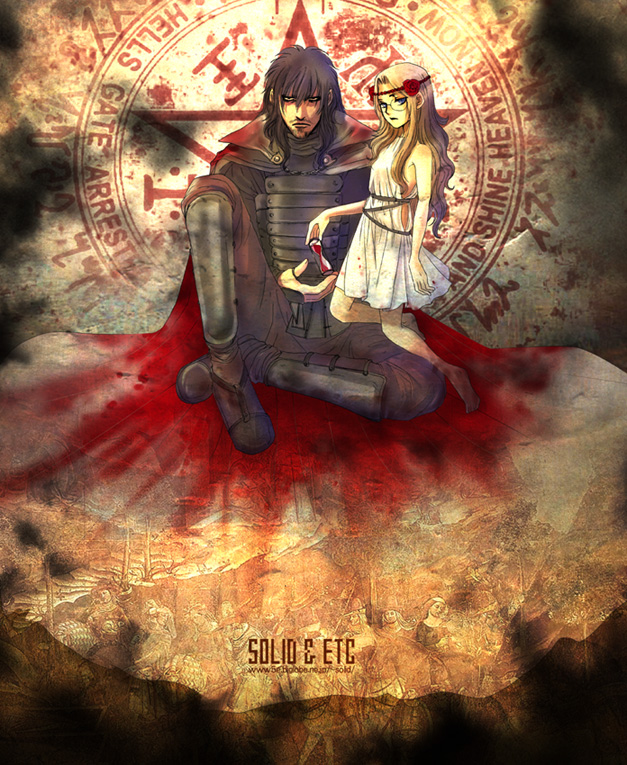 solid&etc, alucard (hellsing), integra hellsing, vlad tepes (hellsing), vladmir tepes, hellsing, 1boy, 1girl, aged down, alternate costume, ancient greek clothes, armor, bare shoulders, beard, black eyes, black hair, blonde hair, blood, blue eyes, boots, cape, chiton, circlet, dress, facial hair, flower, glasses, goatee, greco-roman clothes, hair between eyes, hair flower, hair ornament, hourglass, insignia, long hair, red flower, red rose, rose, sitting, skirt, stubble, vampire, white dress, white skirt