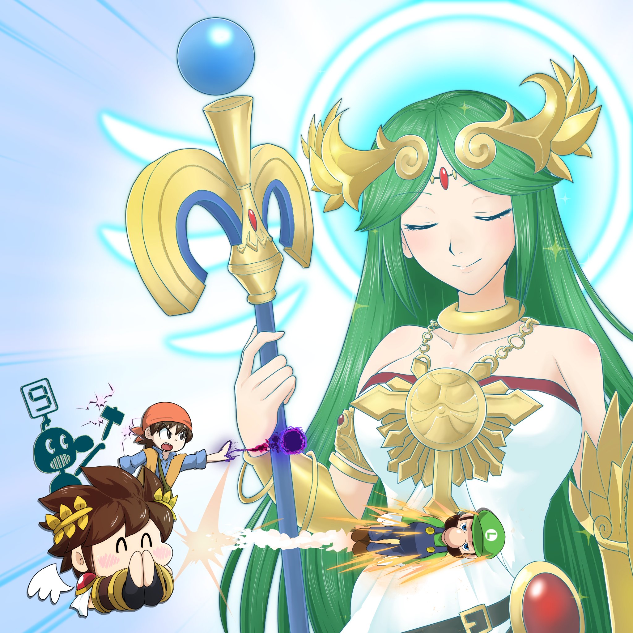 fumio (fumifumi), hero (dq8), luigi, mr. game & watch, palutena, pit (kid icarus), dragon quest, dragon quest viii, game & watch, kid icarus, kid icarus uprising, mario (series), nintendo, super smash bros., commentary request, highres, 1girl, bandana, blue halo, blue overalls, brown hair, chain, circlet, closed eyes, collarbone, gold chain, green hair, green hat, halo, halo behind head, hat, holding, holding staff, overalls, red bandana, sparkle, staff