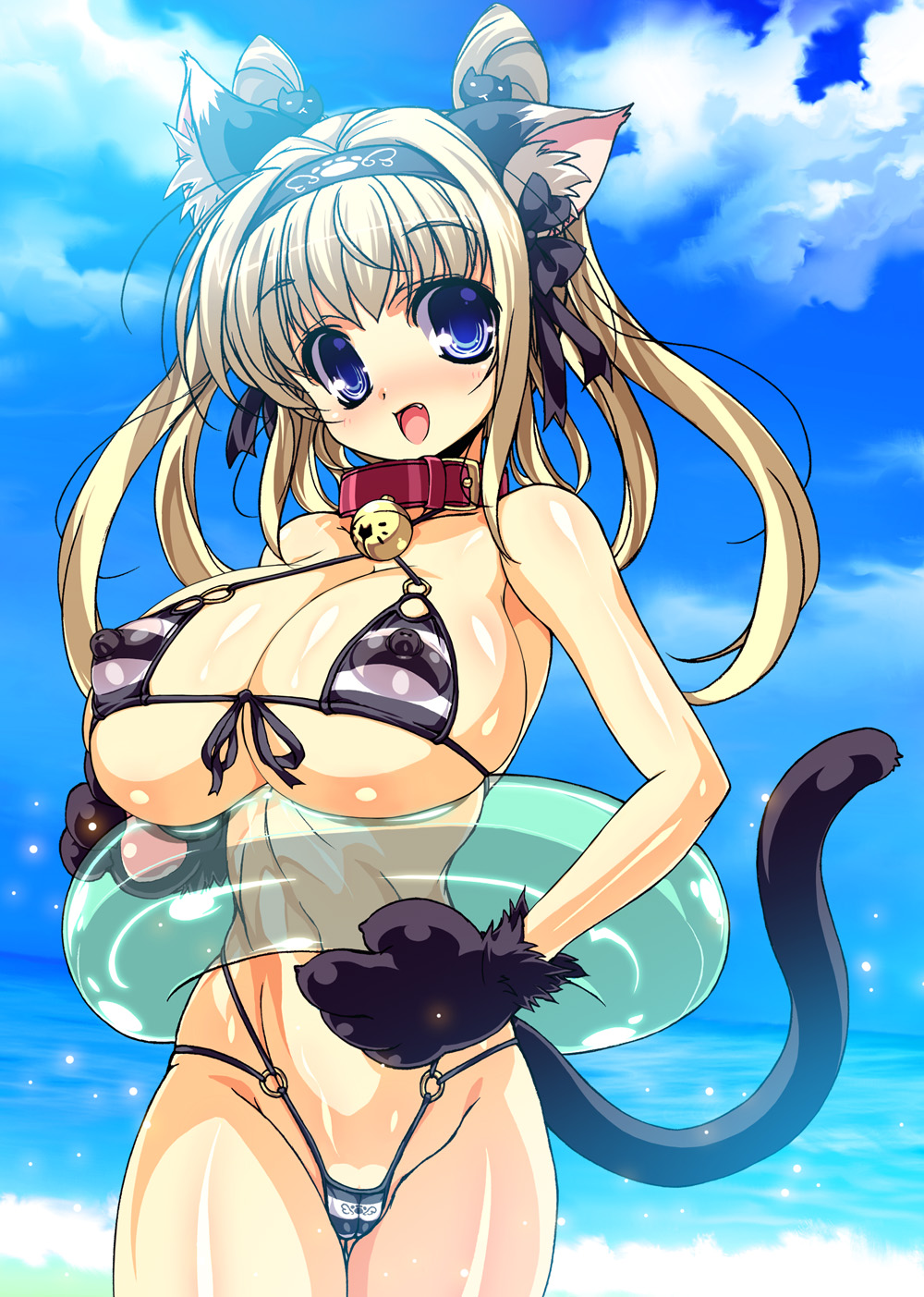 ishida hiroyuki, original, highres, 1girl, abs, animal ears, animal hands, beach, bell, bikini, blonde hair, blue eyes, breasts, cat ears, cat paws, cat tail, collar, covered erect nipples, day, fang, female focus, front-tie top, gloves, hair ribbon, hairband, huge breasts, innertube, jingle bell, long hair, micro bikini, neck bell, o-ring, o-ring bikini, ocean, open mouth, outdoors, paw gloves, puffy nipples, ribbon, shiny skin, sky, smile, solo, striped bikini, striped clothes, swim ring, swimsuit, tail, twintails, waves