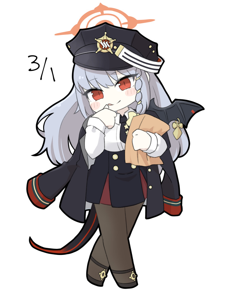 miranofuudoria, haruna (blue archive), blue archive, commentary request, 1girl, :q, bag, black hat, black jacket, black necktie, black shoes, black skirt, blush stickers, braid, brown pantyhose, chibi, closed mouth, collared shirt, dated, full body, grey hair, halo, hat, head tilt, hugging object, jacket, jacket on shoulders, long hair, long sleeves, looking at viewer, necktie, pantyhose, paper bag, peaked cap, puffy long sleeves, puffy sleeves, red eyes, shirt, shoes, simple background, skirt, smile, solo, tongue, tongue out, very long hair, white background, white shirt