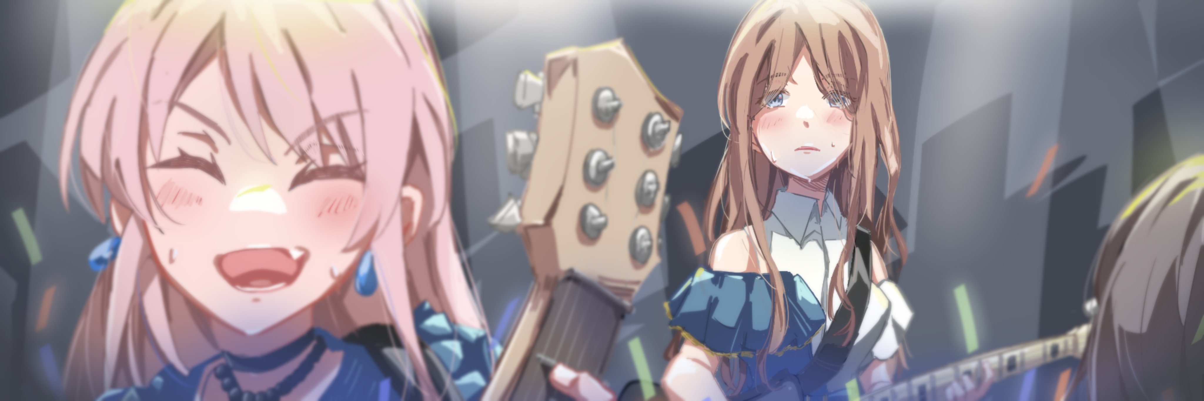 chihaya anon, nagasaki soyo, tomoe mami, bang dream!, bang dream! it's mygo!!!!!, absurdres, commentary request, highres, 3girls, bass guitar, brown hair, closed eyes, confetti, detached sleeves, earrings, electric guitar, fang, grey hair, guitar, holding, holding bass guitar, holding guitar, holding instrument, instrument, jewelry, karakuzu mygo, long hair, male focus, multiple girls, open mouth, penis, pink hair