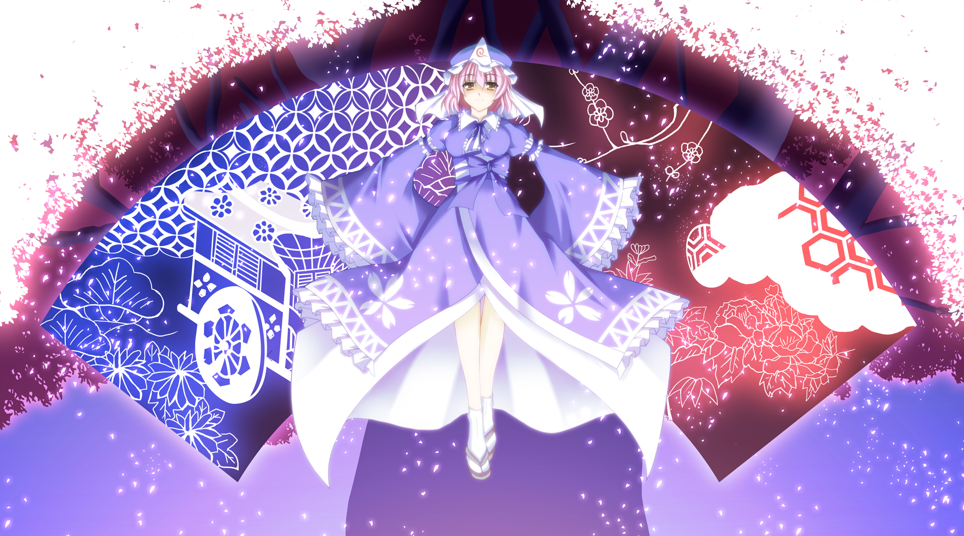 a flow, saigyouji yuyuko, touhou, bad id, bad pixiv id, highres, 1girl, cherry blossoms, female focus, goshoguruma, hand fan, hat, hexagon, honeycomb pattern, japanese clothes, kimono, orange eyes, petals, pink hair, saigyouji yuyuko's fan design, sandals, shippou (pattern), short hair, solo, tabi